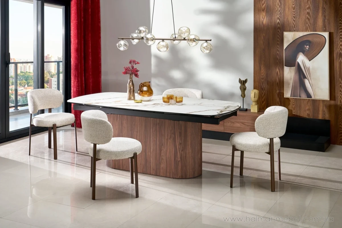 Стіл обідній розкладний FLAVOR HALMAR білий мармур/горіх Стіл обідній розкладний FLAVOR HALMAR білий мармур/горіх