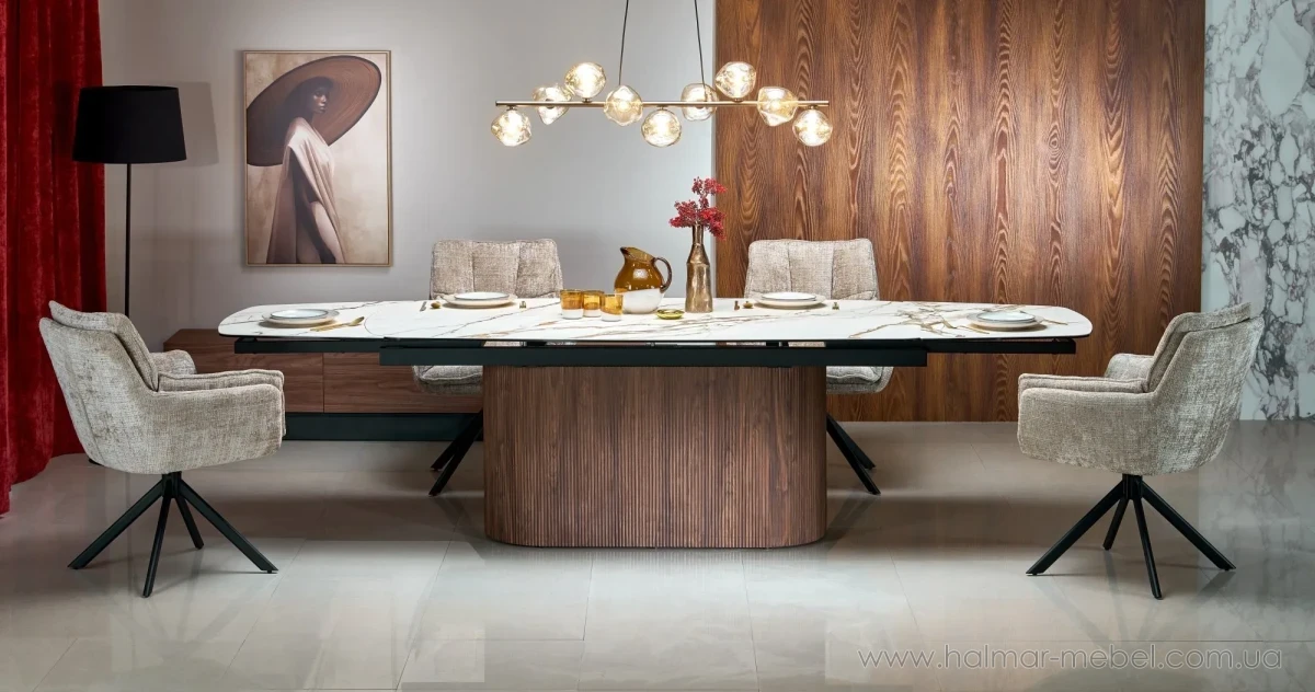 Стіл обідній розкладний FLAVOR HALMAR білий мармур/горіх Стіл обідній розкладний FLAVOR HALMAR білий мармур/горіх