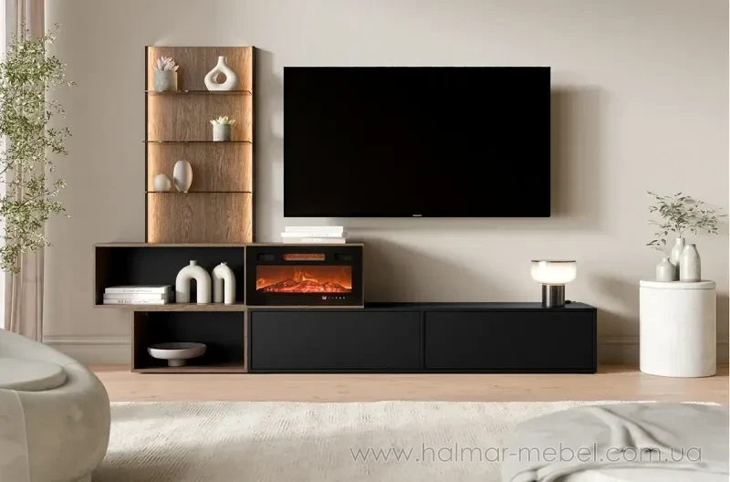 Комплект меблів у вітальню з електрокаміном LAVI CAMA чорний/Baltic Storm Комплект меблів у вітальню з електрокаміном LAVI CAMA чорний/Baltic Storm